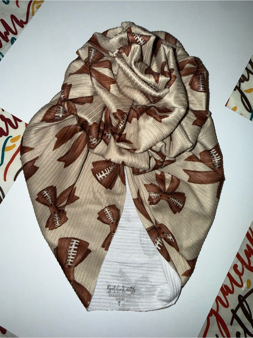Beige Football Print Turban Headwrap Toddler Size